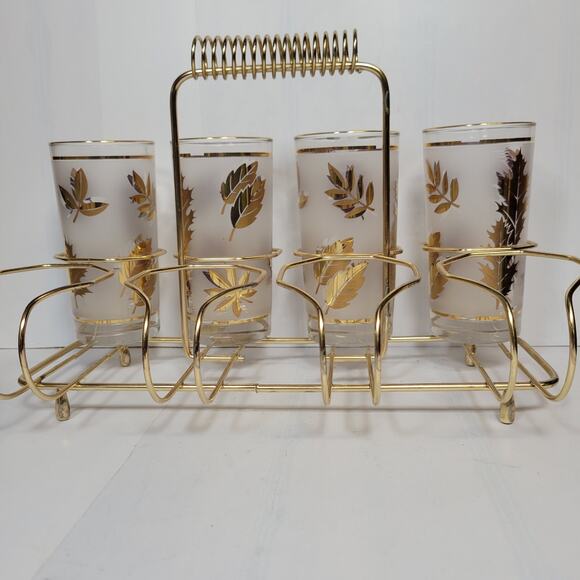 Vintage Libbey Gold Leaf 8 Tumbler Set and Carrier, Hollywood Regency 12 oz - Picture 4 of 4